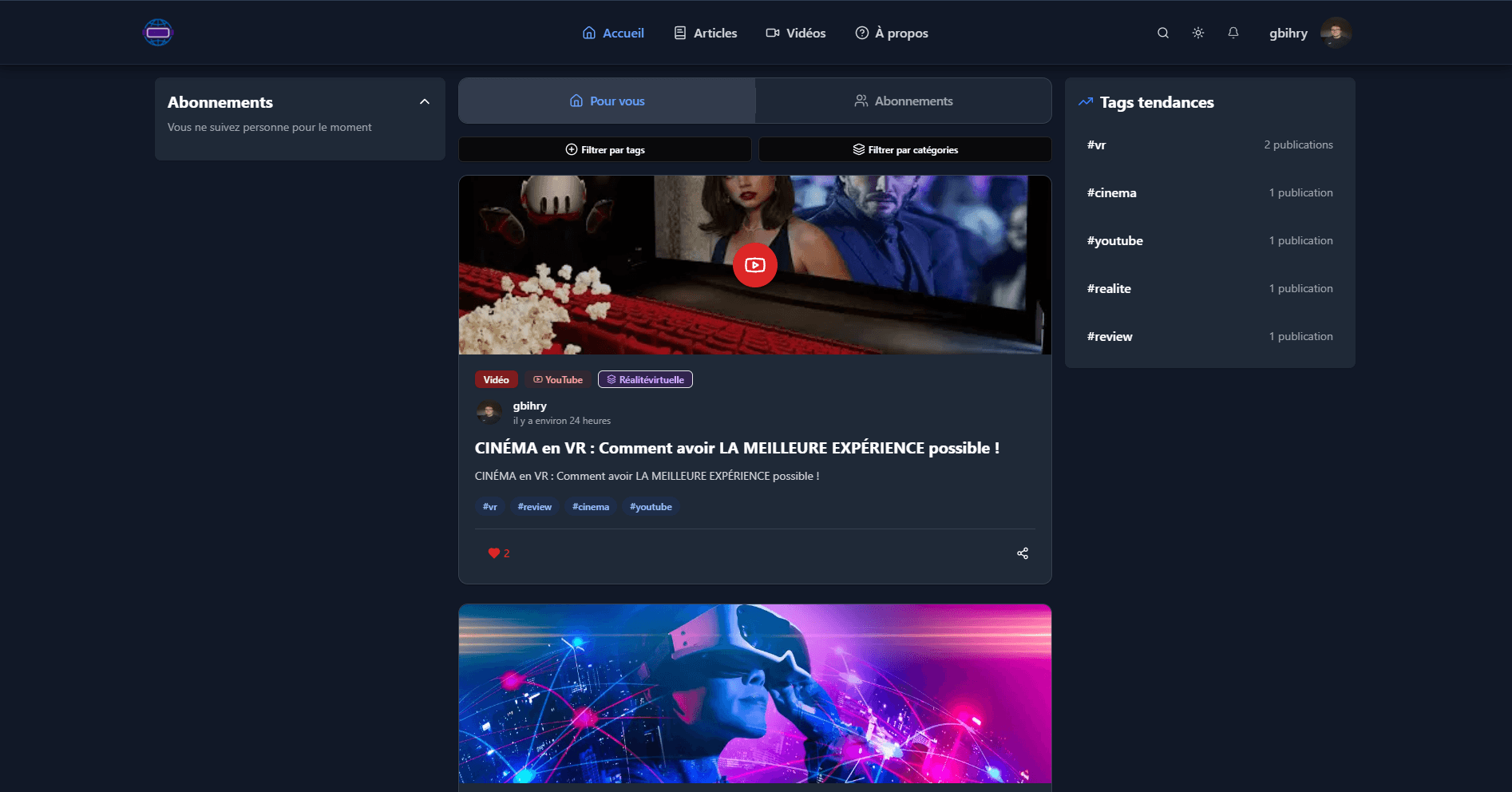 Interface d'accueil de la plateforme VR